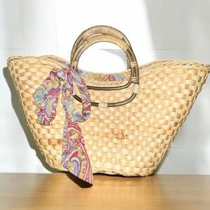 Woven Straw Tan Tote Bag with Paisley Scarf Accent